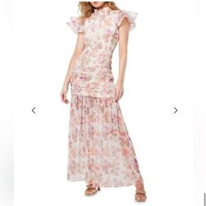 elliatt regale high neck ruched ruffle shoulders floral maxi dress size small